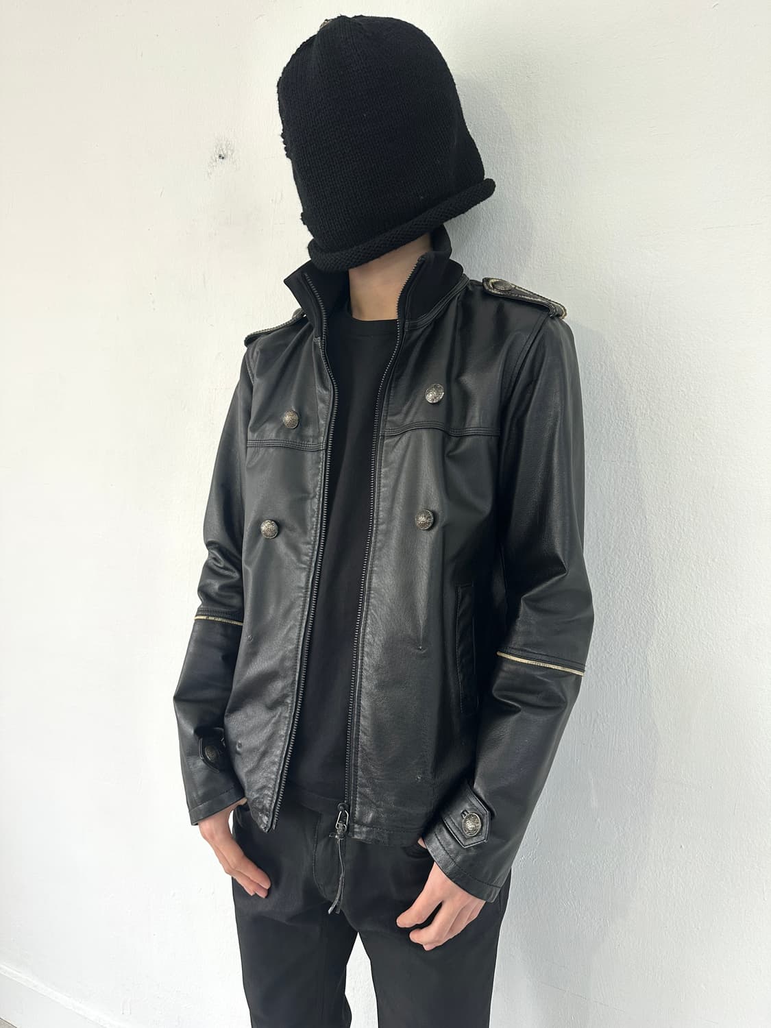 VTG 나폴레옹 하이넥 견장 블랙 레더 자켓 상품이미지2