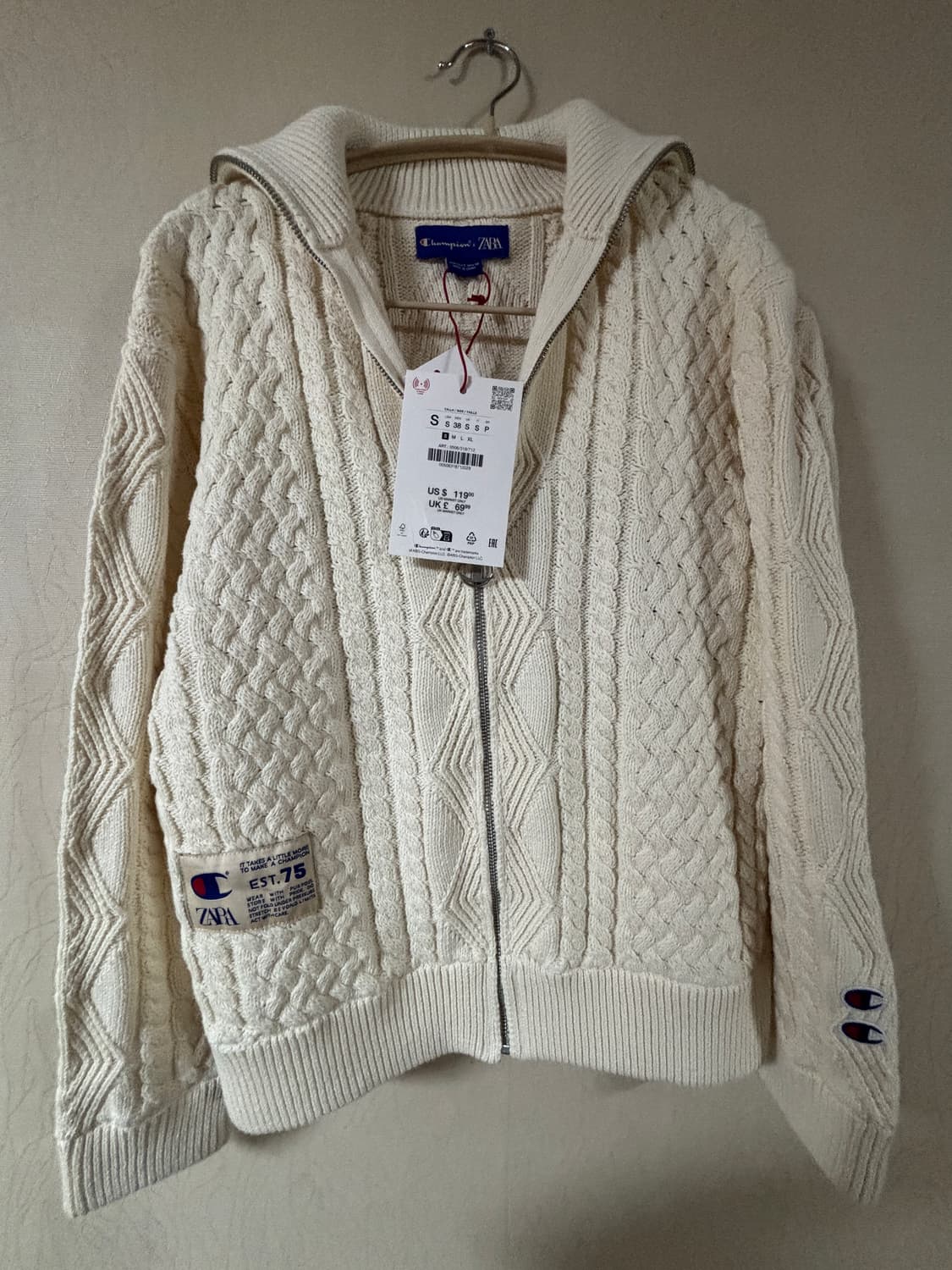 챔피온x자라 케이블 니트 가디건 s 상품이미지5