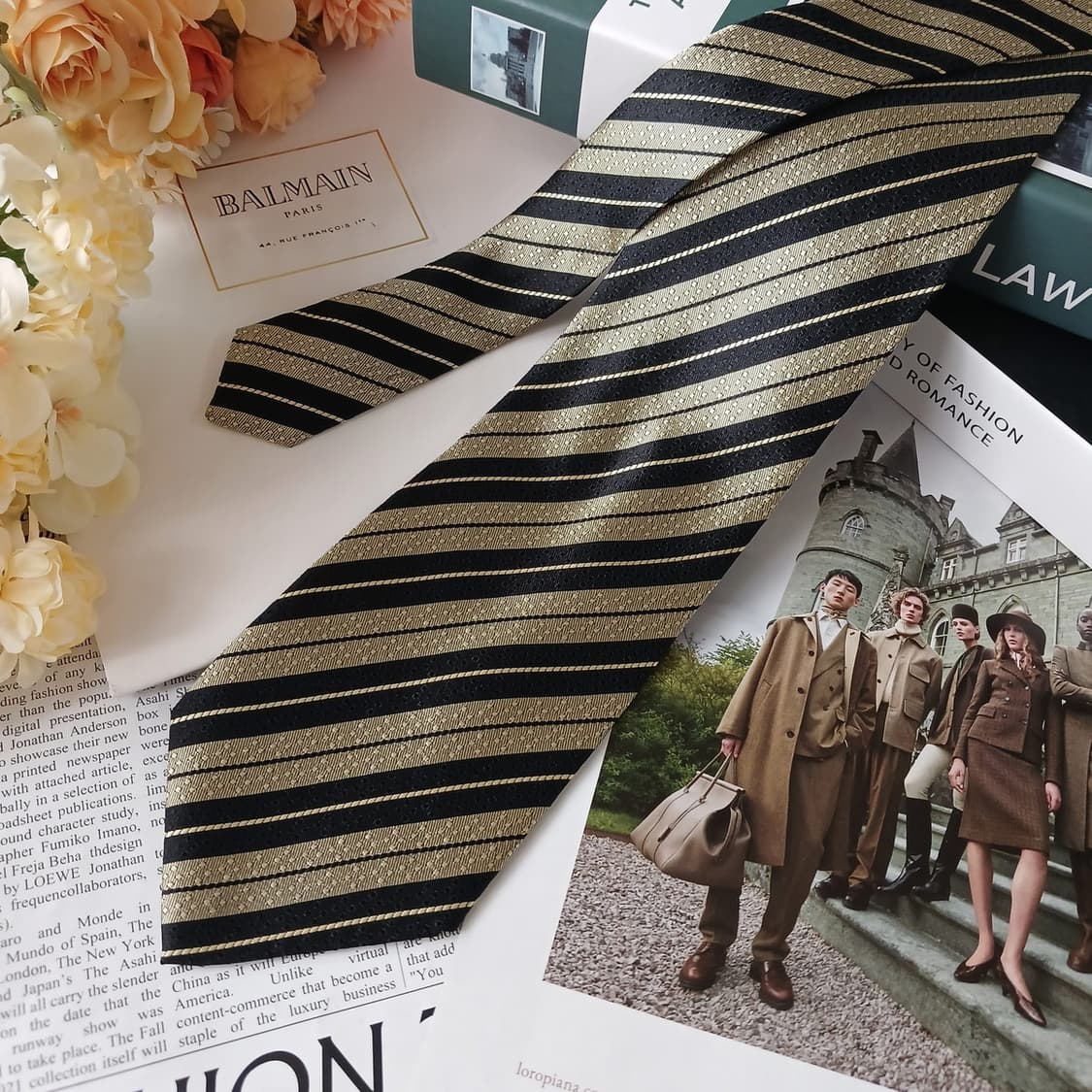 피에르 발망 블랙 & 골드 스트라이프 넥타이 9.5cm A+등급 E925 상품이미지4