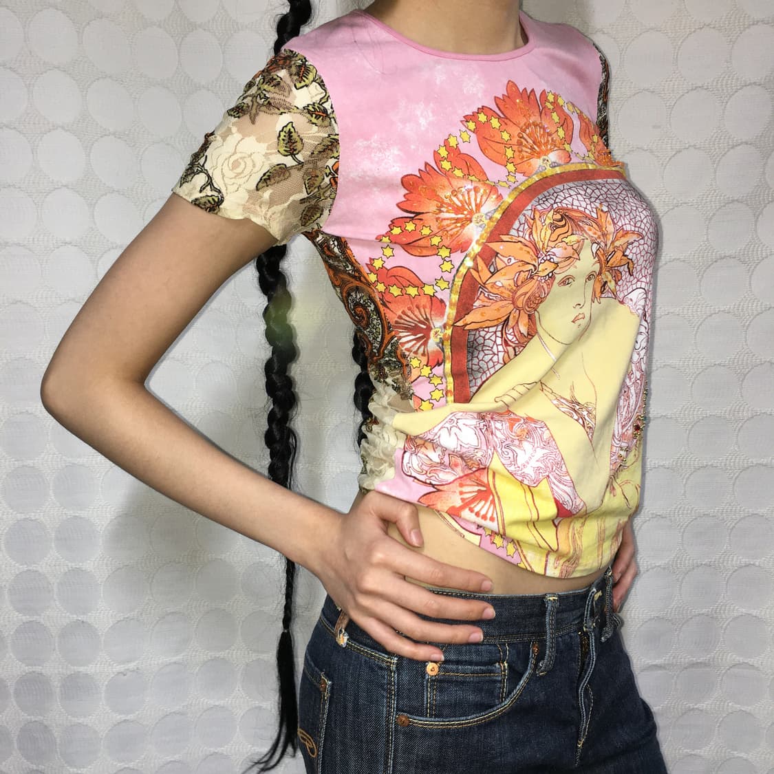 쿠스토 바르셀로나 레이스 패치워크 반팔 티셔츠 상품이미지2