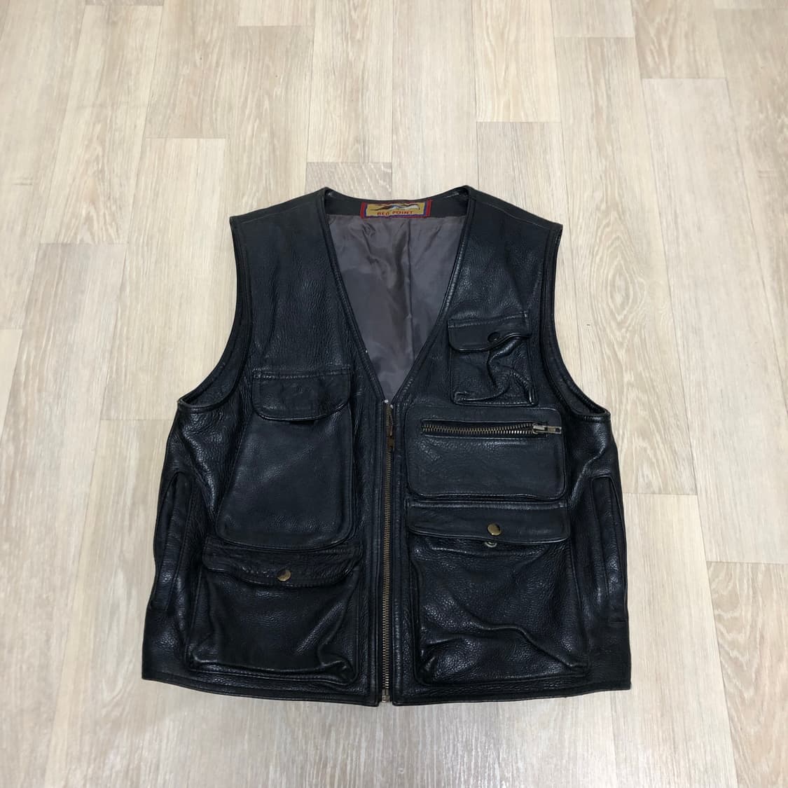 (L) RED POINT 빈티지 소가죽 레더 아웃도어 베스트 블랙 상품이미지1