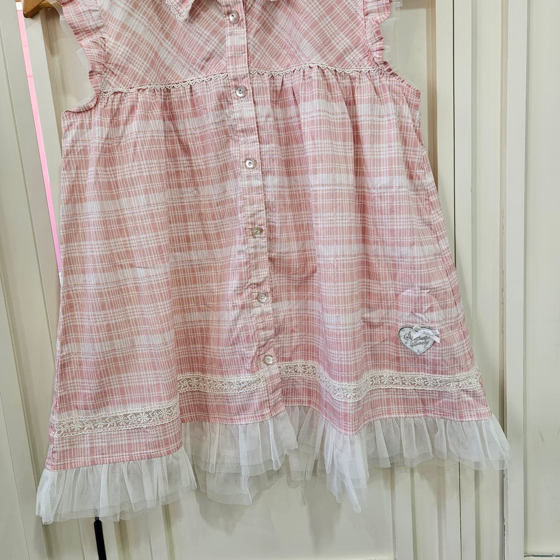 핑크 체크 레이스 튤 블라우스 상품이미지3