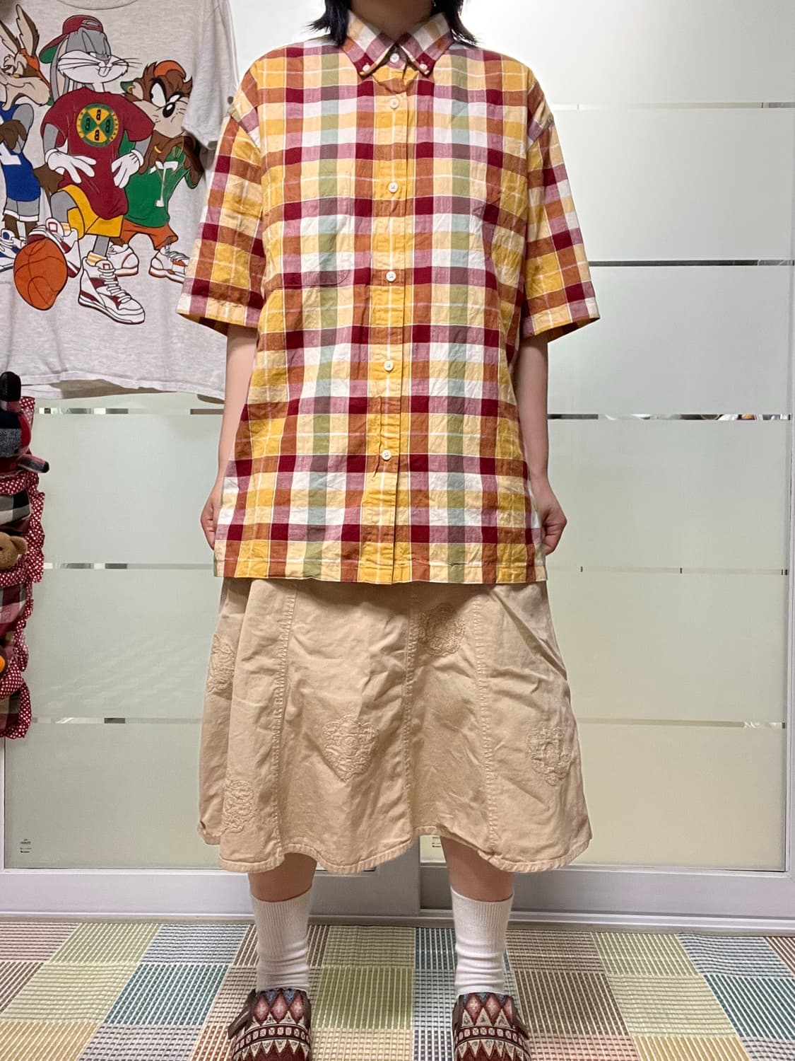 Uniqlo 오렌지 옐로우 체크 반팔 셔츠  상품이미지4