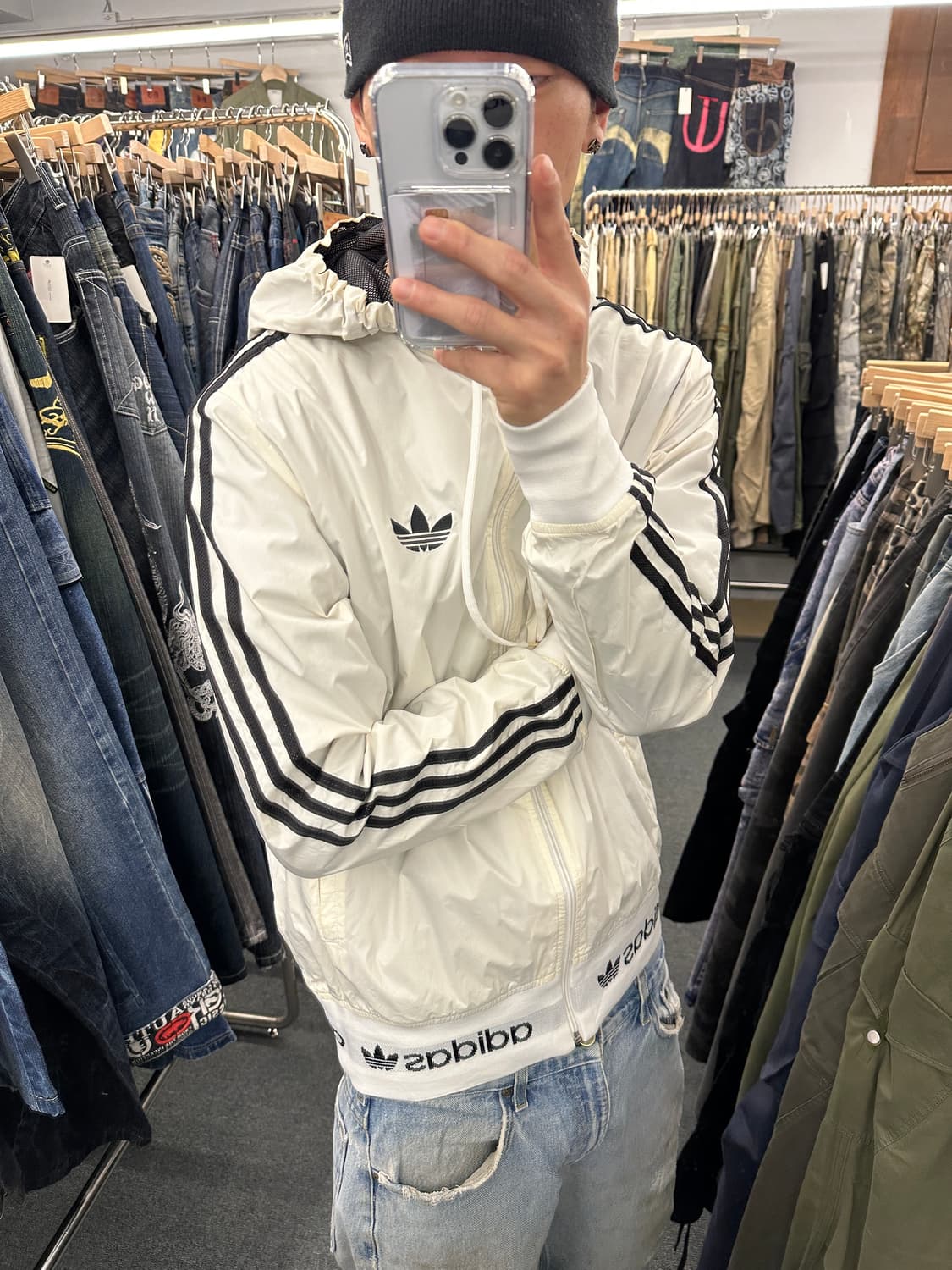 M) 아디다스 파이어버드 로고 흰검 나일론 바람막이 후드 집업 상품이미지1