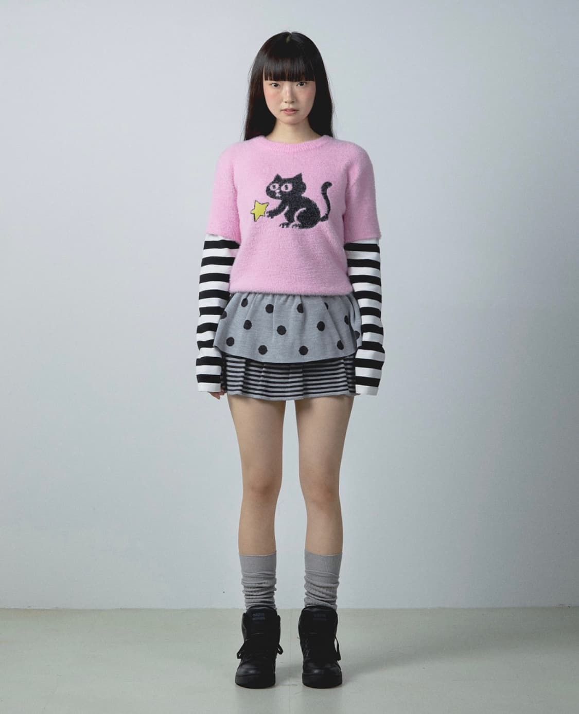 유희 스트라이프 레이어드 니트 핑크 상품이미지1