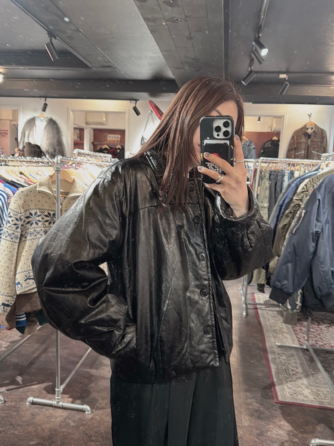 WE ARE 빈티지 크롭 크랙 블랙 레더 누빔 점퍼 자켓 F 상품이미지6