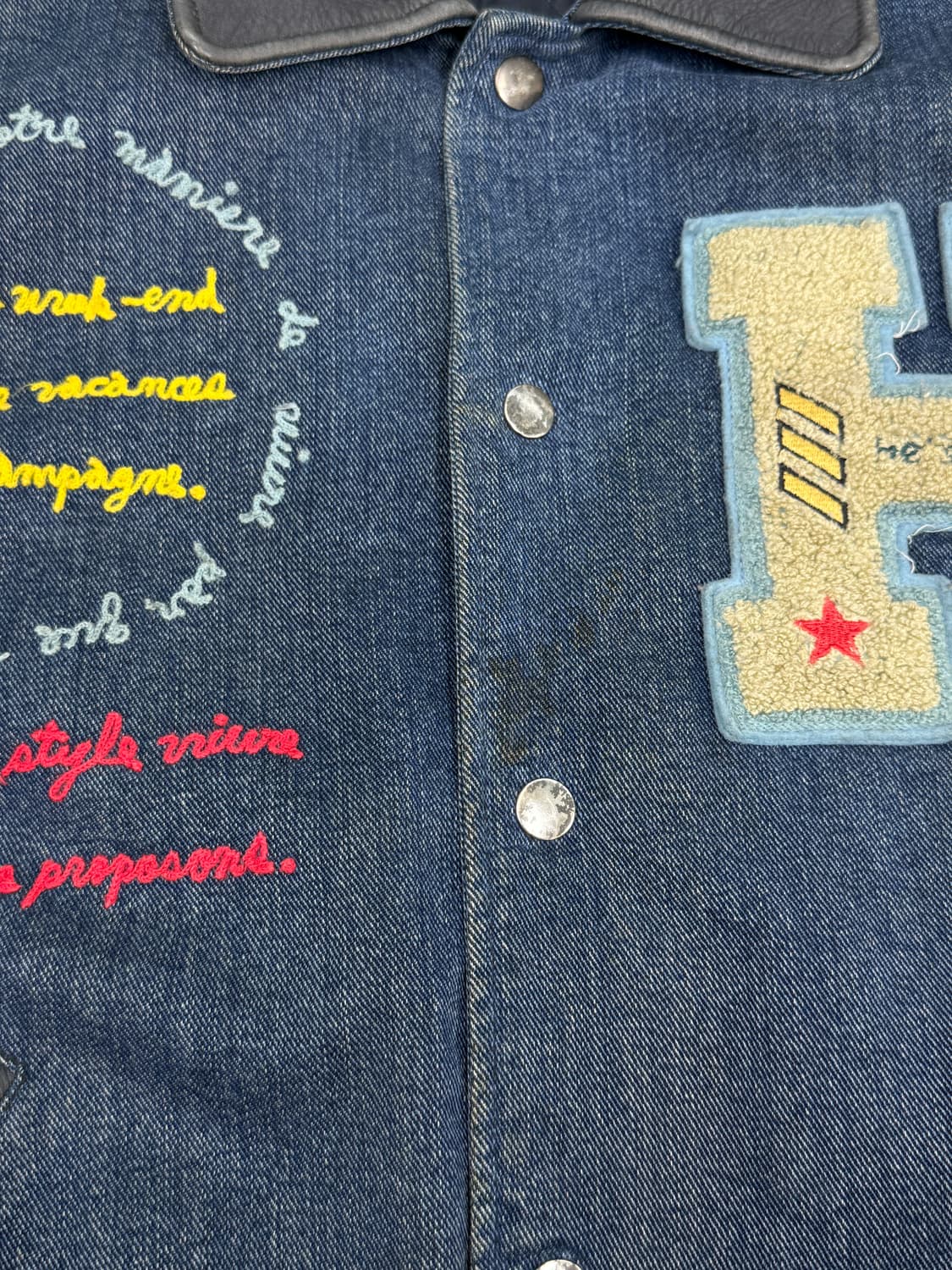 히즈해즈 데님 레더 체인 스티치 바시티 자켓  상품이미지7