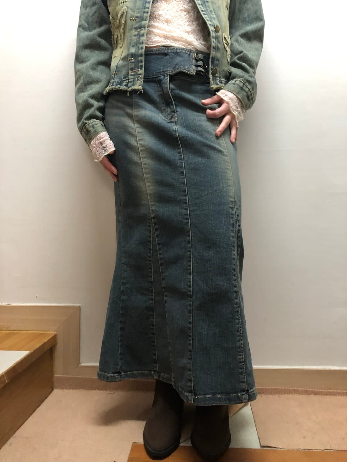 빈티지 데님 워싱 벨티드 롱 스커트 상품이미지8