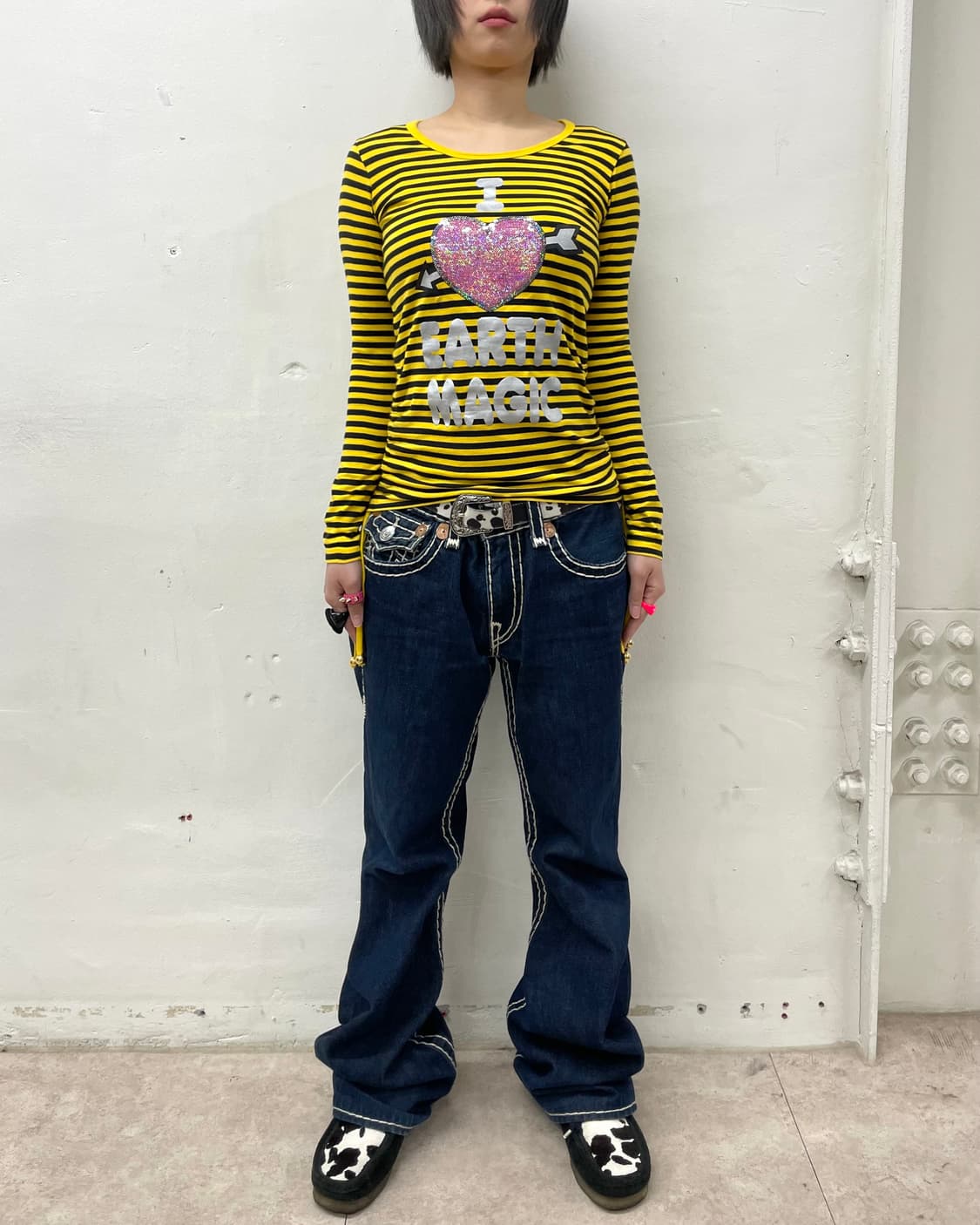 Yellow Stripe Heart Spangle Shirring t 상품이미지7