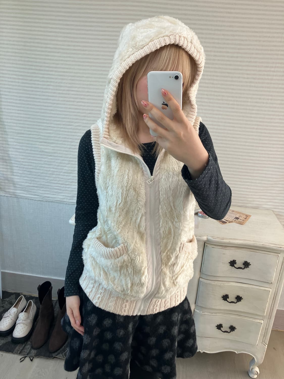 jpn vintage 아이보리 퍼 니트 후드 베스트  상품이미지3