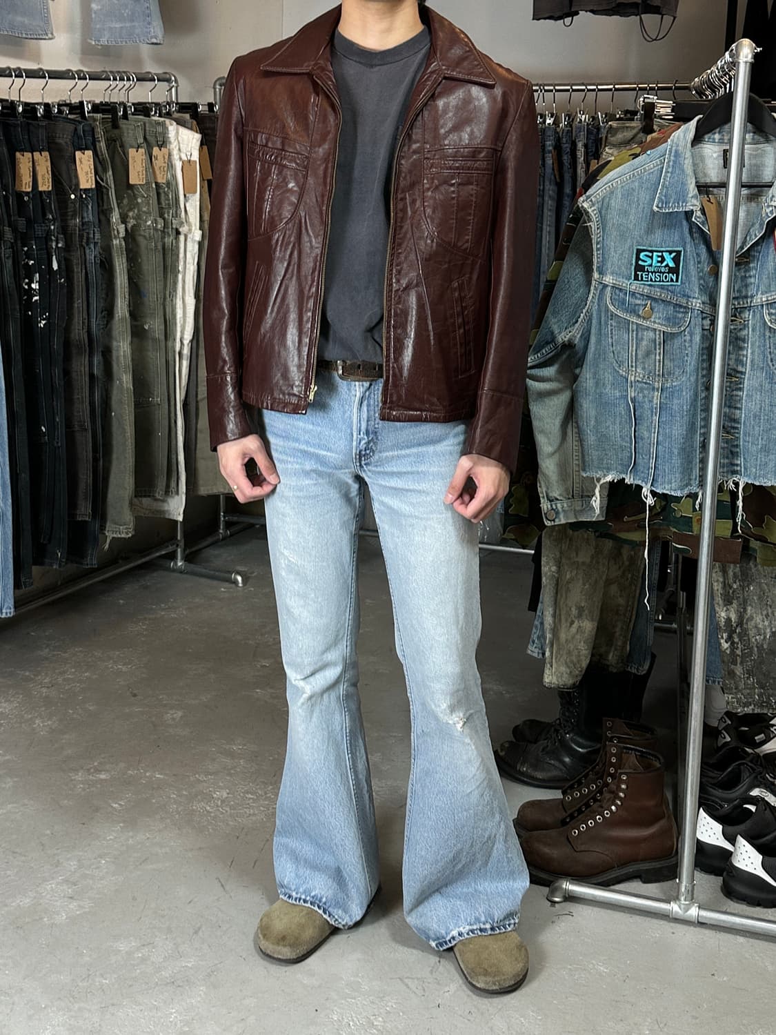 70's 빈티지 버건디 크롭 레더 자켓 파이트 클럽 상품이미지2