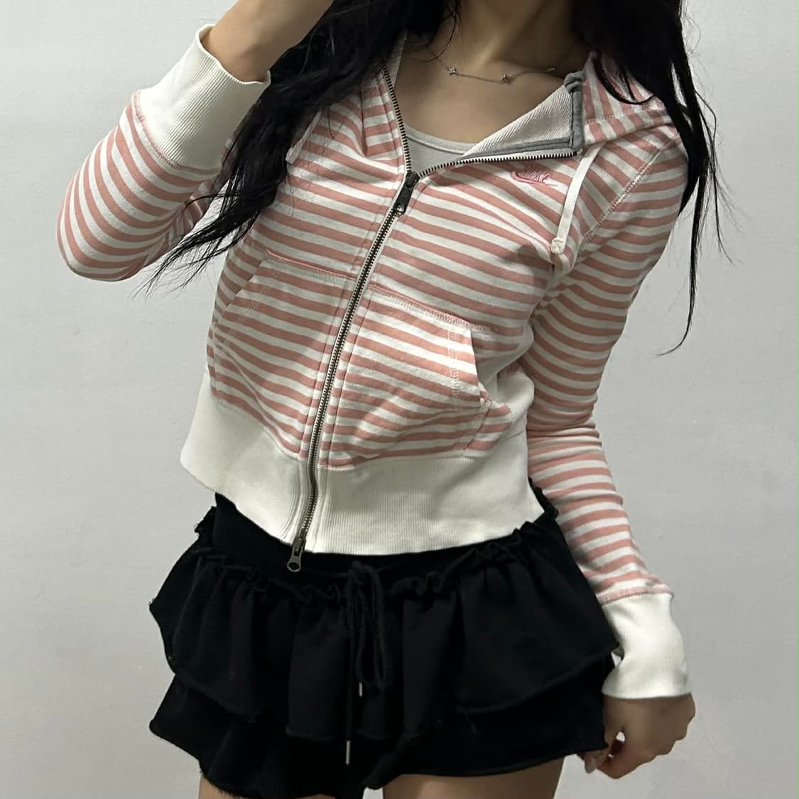 나이키 y2k 베이비핑크 스트라이프 걸즈 여리핏 후드집업 희귀져지(S) 상품이미지1