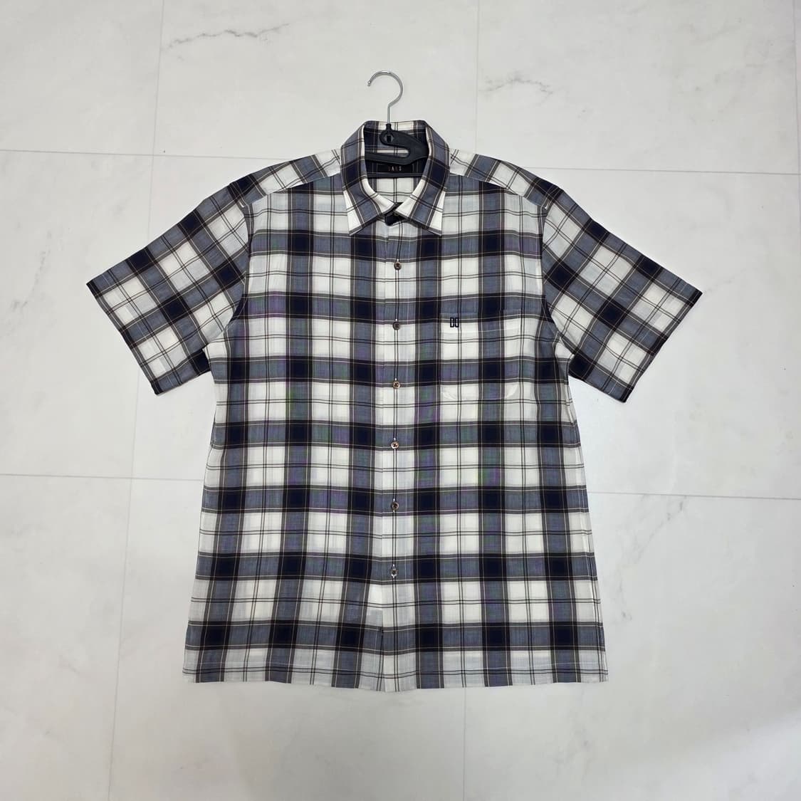 100 닥스 체크 반팔셔츠 네이비 아이보리 폴리 모 혼방 상품이미지2