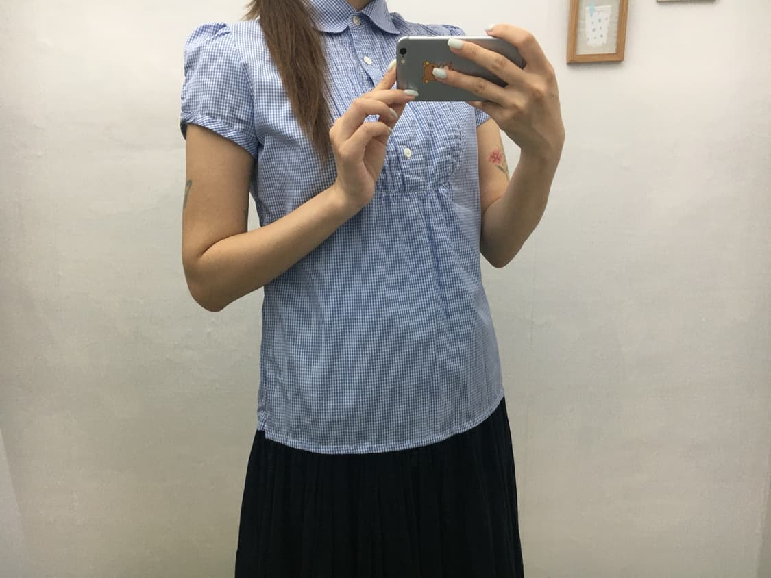 블루 체크 둥근 카라 블라우스 상품이미지3