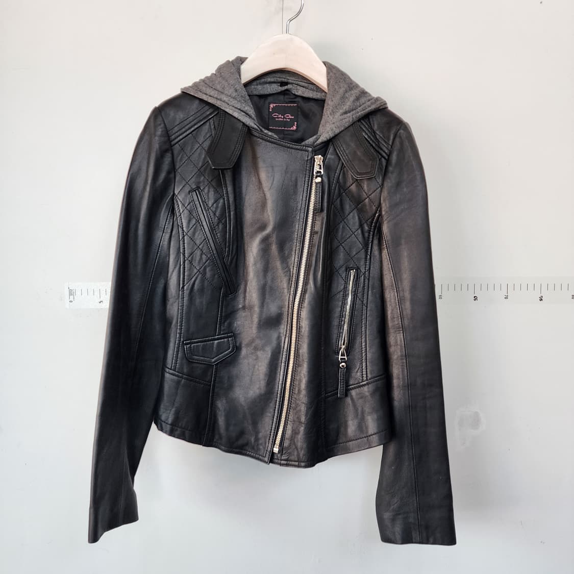 city Gee 블랙 양가죽 후드 라이더 자켓 상품이미지3