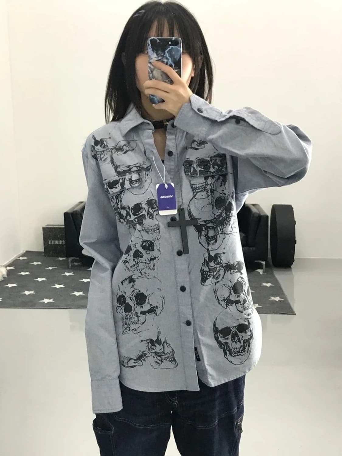 리플레이 그레이 스컬 프린팅 셔츠 상품이미지2