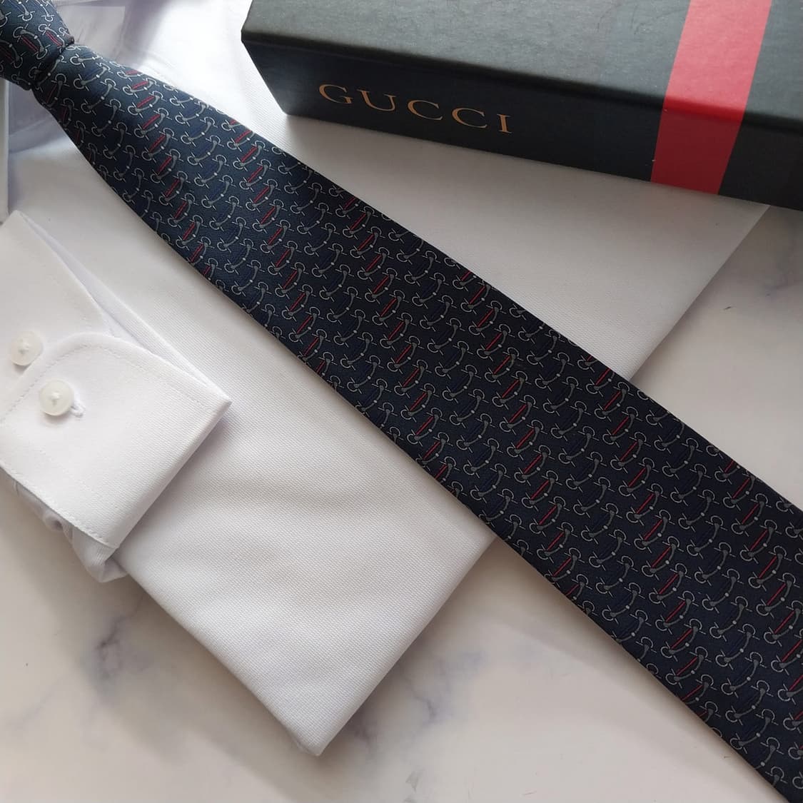 구찌 실크 네이비 홀스빗 패턴 넥타이 8.6cm A등급 K1861 상품이미지8
