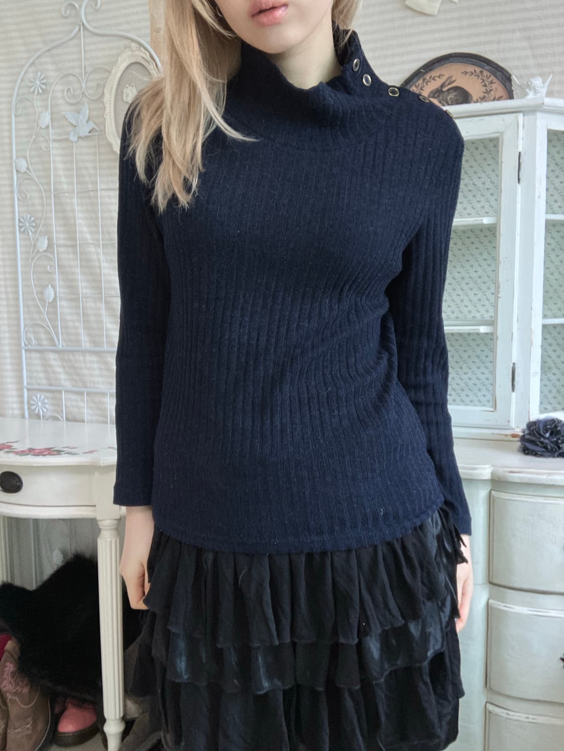 일본빈티지 네이비 사이드 버튼 풀오버 니트 상품이미지5