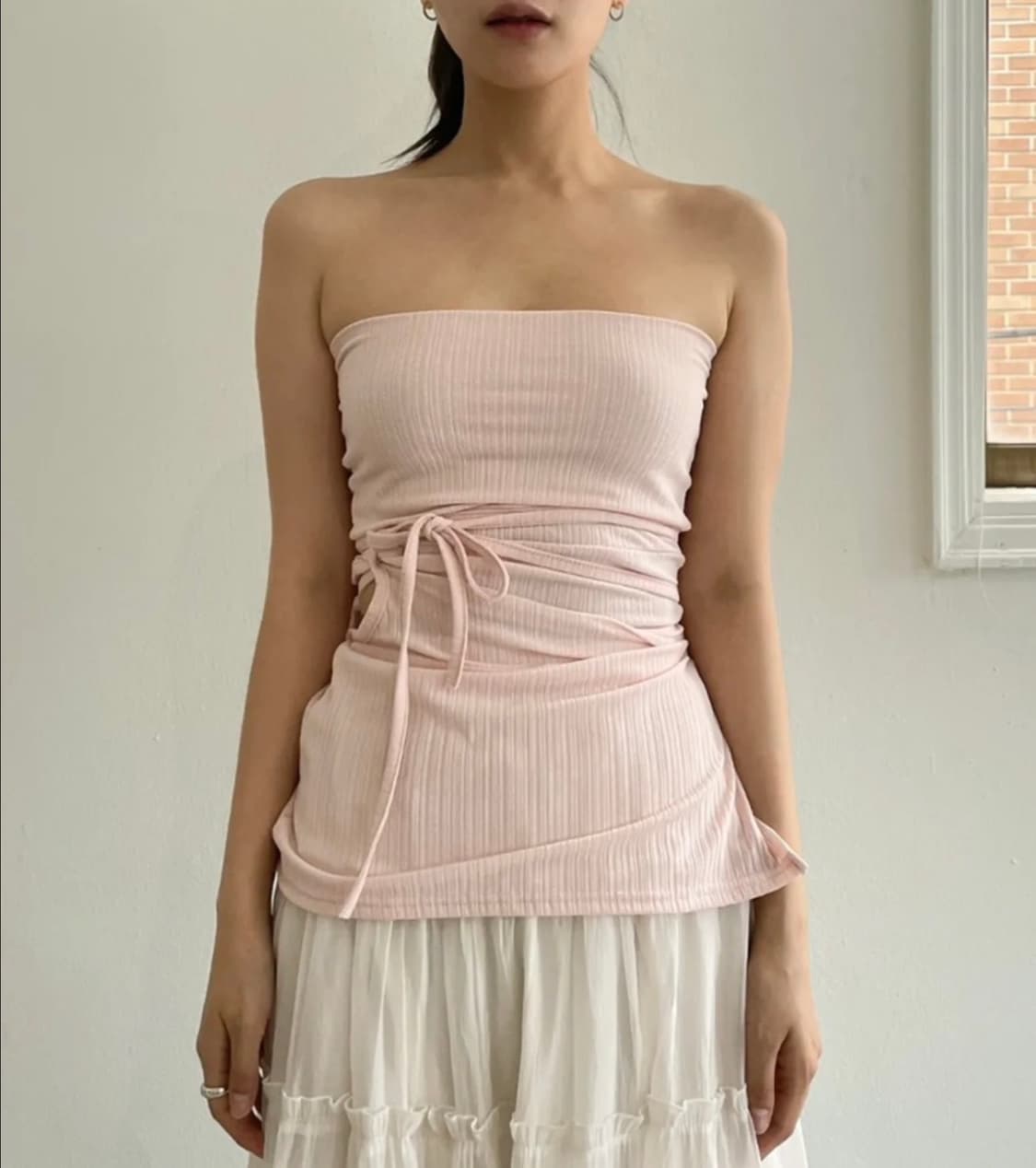 샵귀리 컷아웃 타이업 리본 튜브탑 핑크, 화이트, 올리브그린 상품이미지1