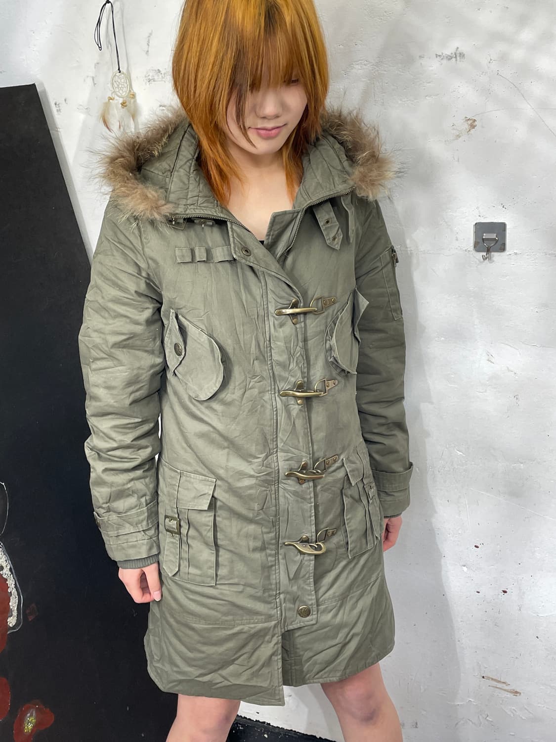 일본빈티지 울프죠 파이어맨 버클 자켓 롱 야상 퍼 후드 개파카 S 상품이미지3