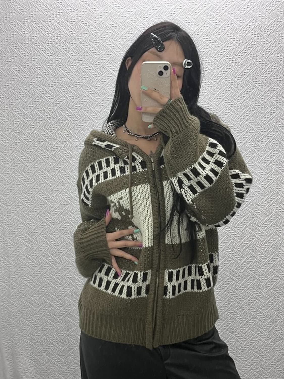 빈티지 폭닥 노르딕 패턴 올리브 카키 가디건 L C07004 상품이미지2