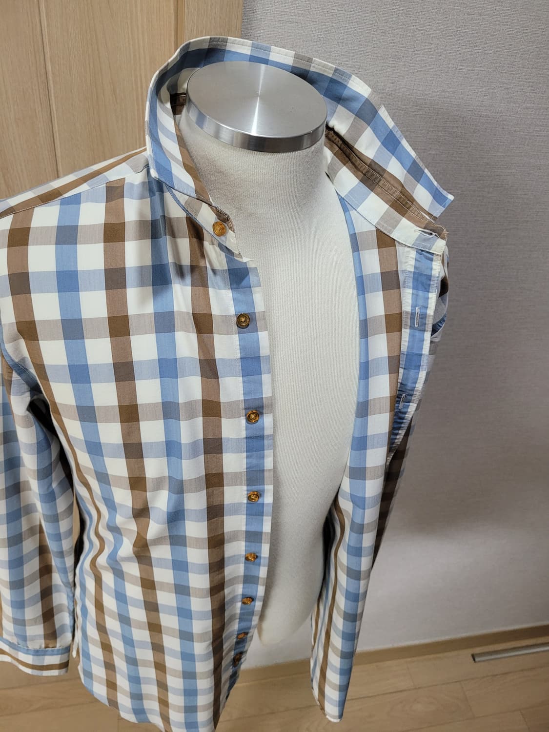 스파오 SPAO 남자 롤업 체크 셔츠 100 블루 상품이미지6