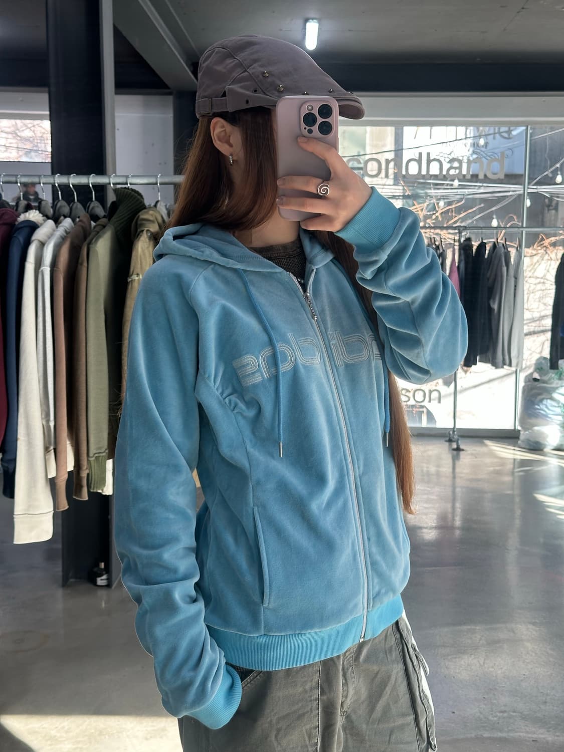 아디다스 블루 벨루어 셔링 후드집업 상품이미지4