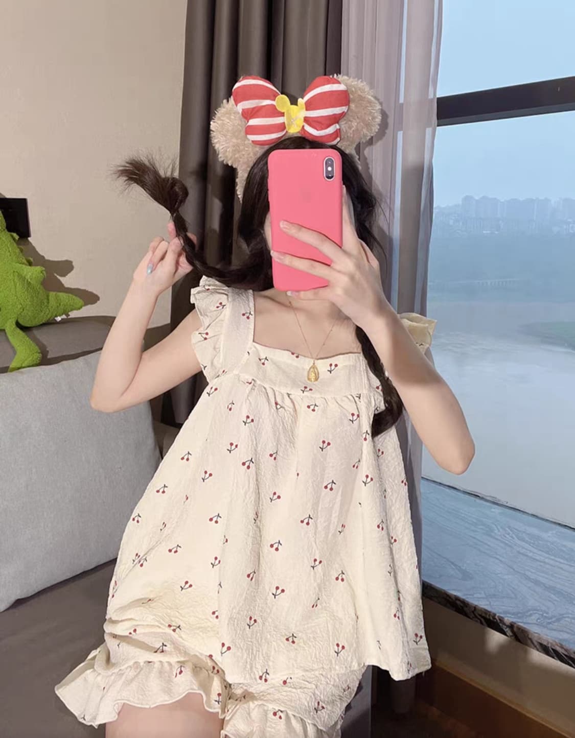 체리 패턴 프릴레이스 민소매티셔츠+팬츠 여성 잠옷 세트 파자마 상품이미지6