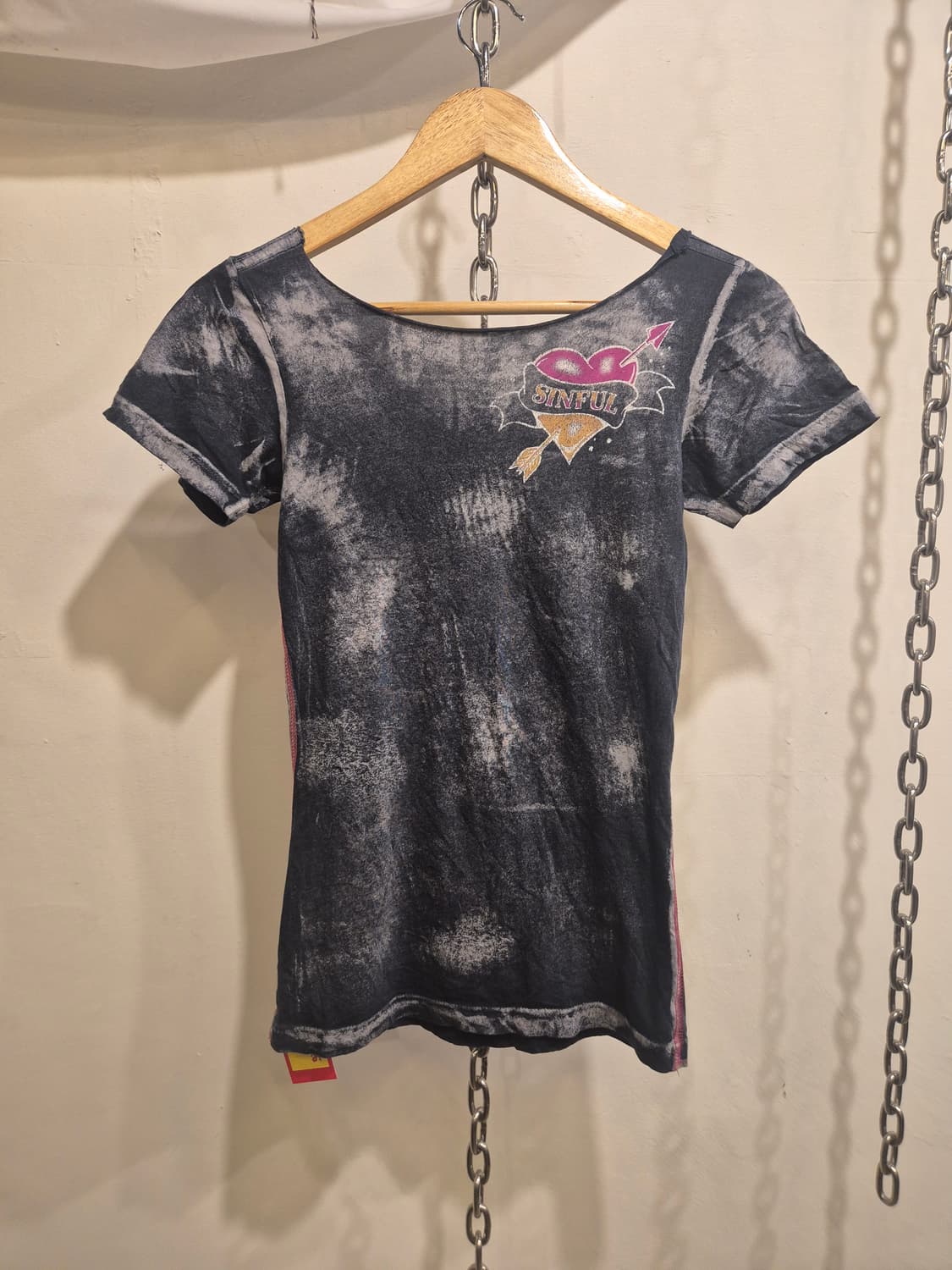 핑크 크로스 큐빅 그레이 워싱 티셔츠 y2k 펑크 갸루 상품이미지3