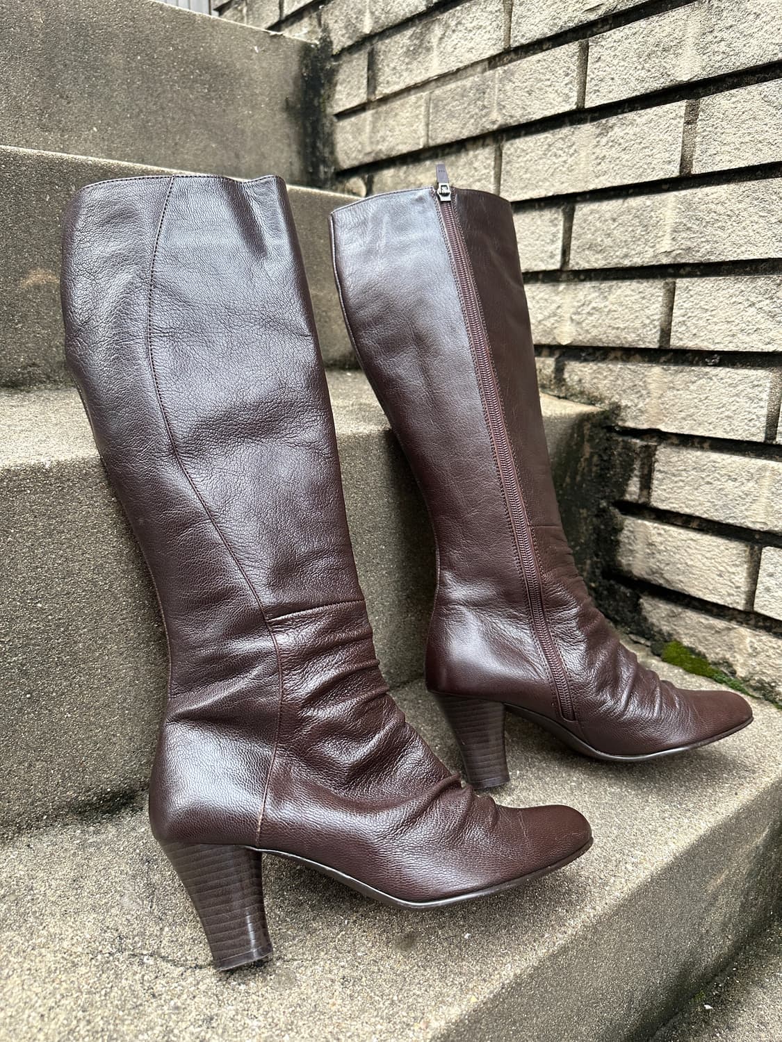 VIntage Brown Shirring Mid-Heel Boots 상품이미지5