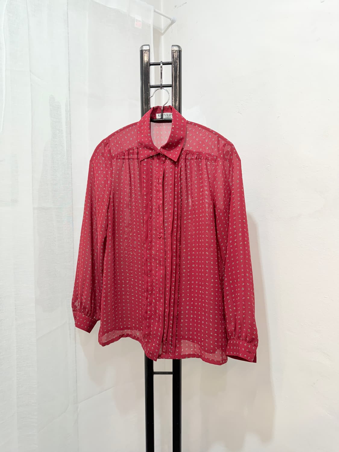 일본빈티지 플리츠 프린팅 와인긴팔블라우스 3516 상품이미지1