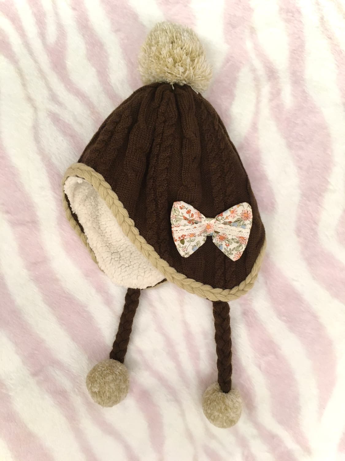 라떼갸루 초코 플로럴 리본 털방울 브라운 니트모자 리즈리사 폼폼이 상품이미지2