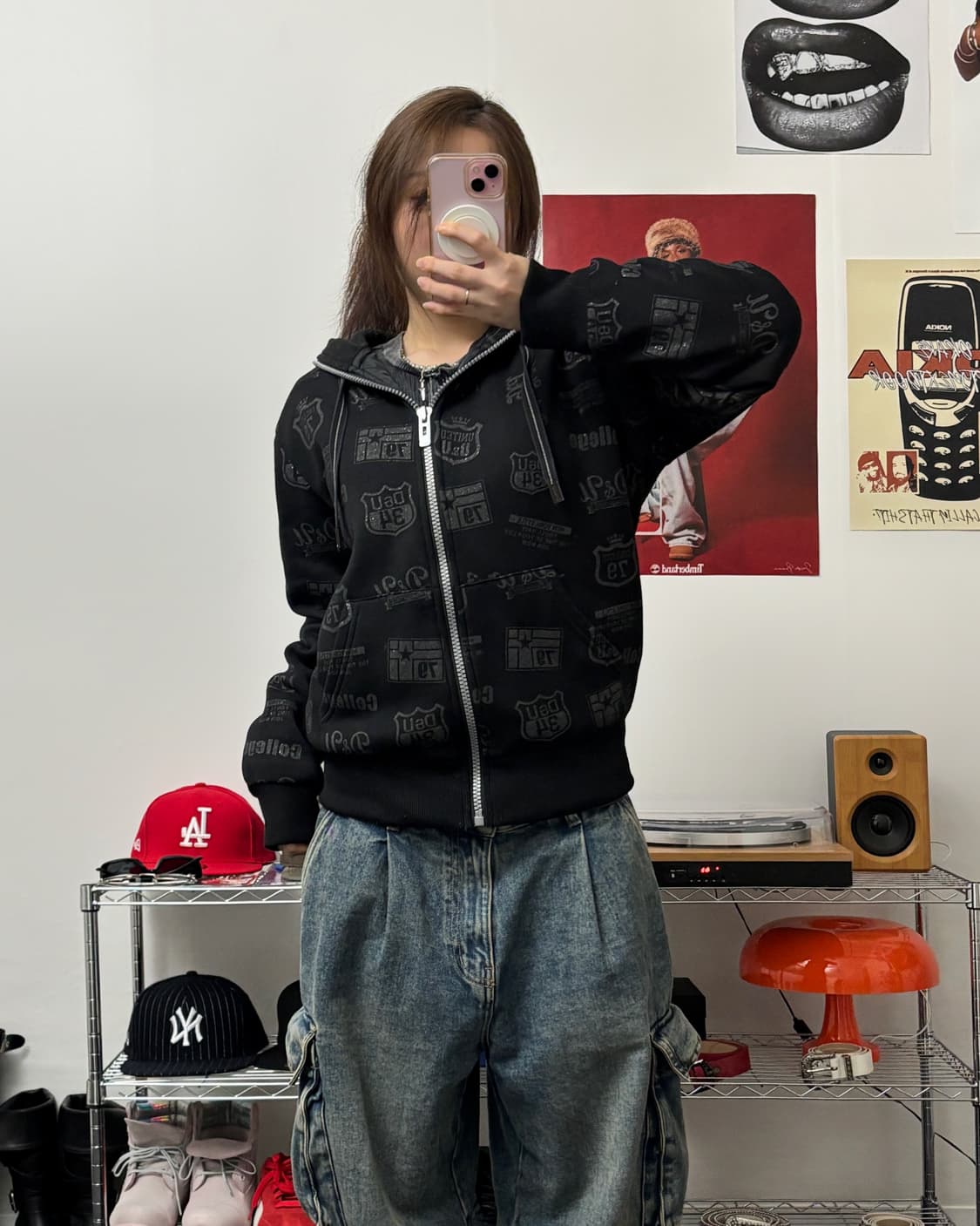 올드 빈티지 패턴 퀼팅 도톰 후드집업 블랙 상품이미지4