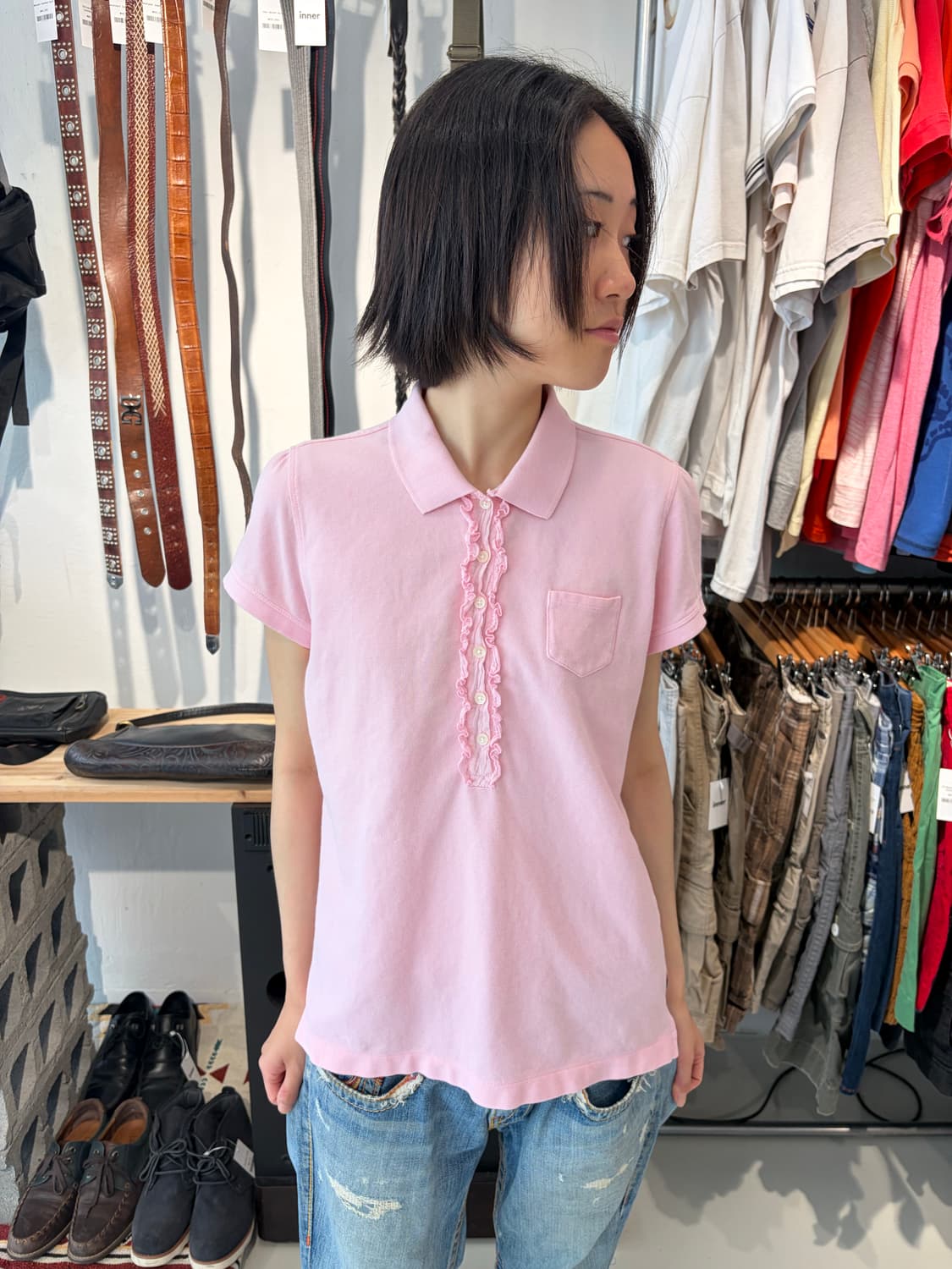 POLO JEANS 핑크 러플 반팔 카라 티셔츠 L 상품이미지2
