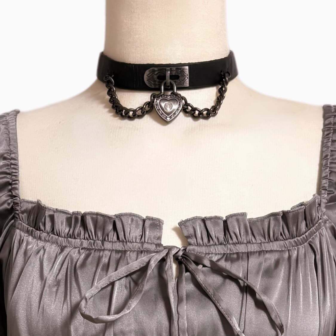 일본 핀터깔 블랙 레이어드 하트 큐빅 포인트 자물쇠 드롭 가죽 초커 상품이미지1