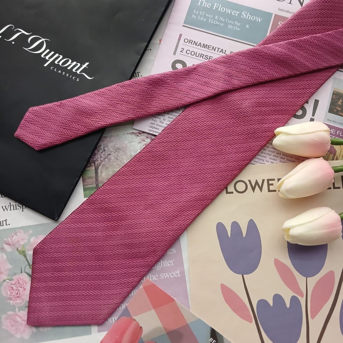 에스 티 듀퐁 실크 다크핑크 헤링본 넥타이 8.4cm A등급 A18712 상품이미지3