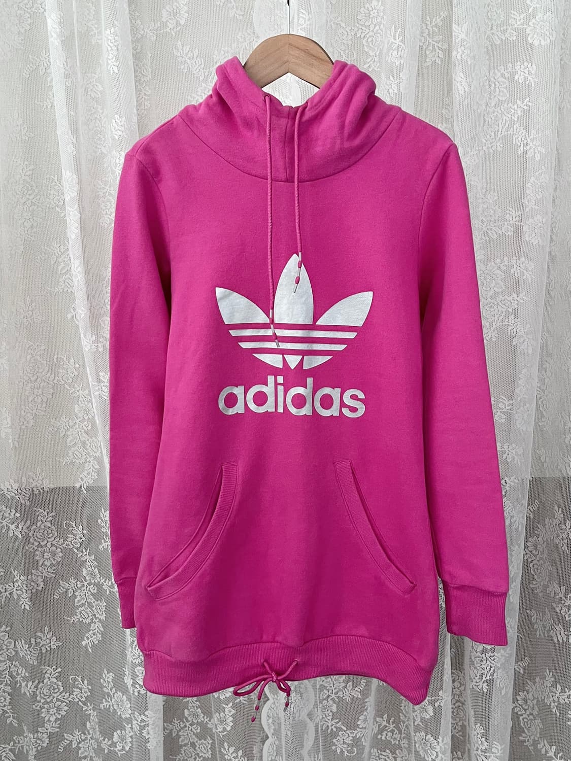XS)아디다스 y2k 핑크 실버 롱 후디 기모 후드티 상품이미지4