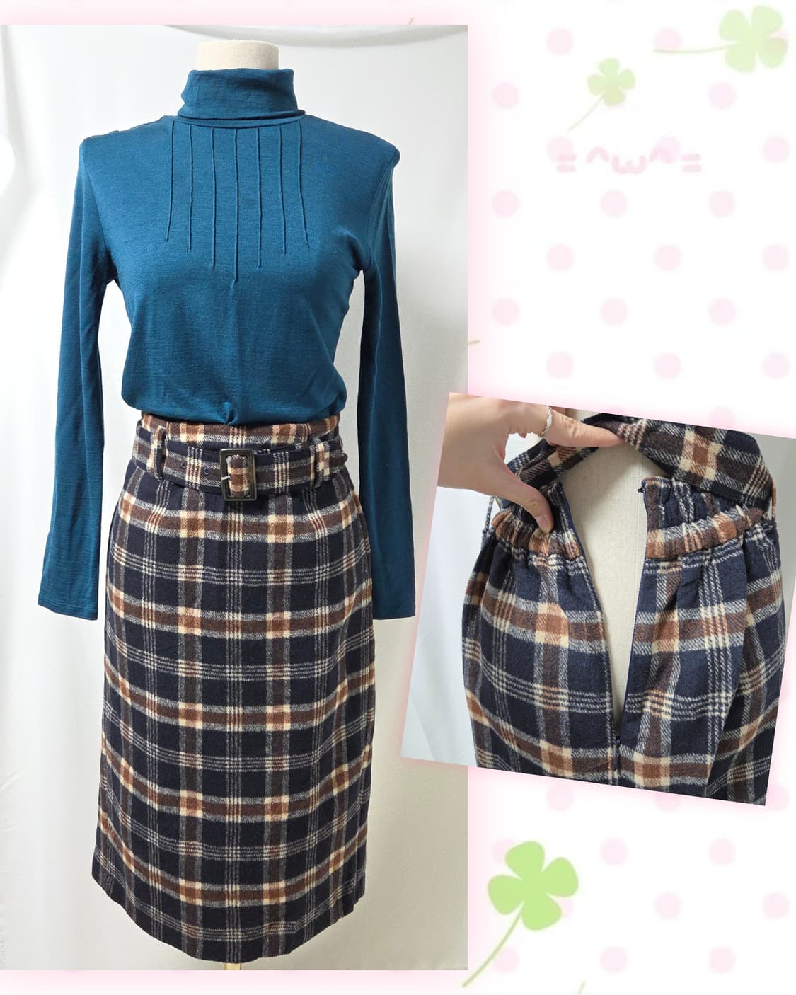 빈티지 코디 세트(청록폴라티, 회색벨벳슬리브리스, INGNI체크스커트) 상품이미지5