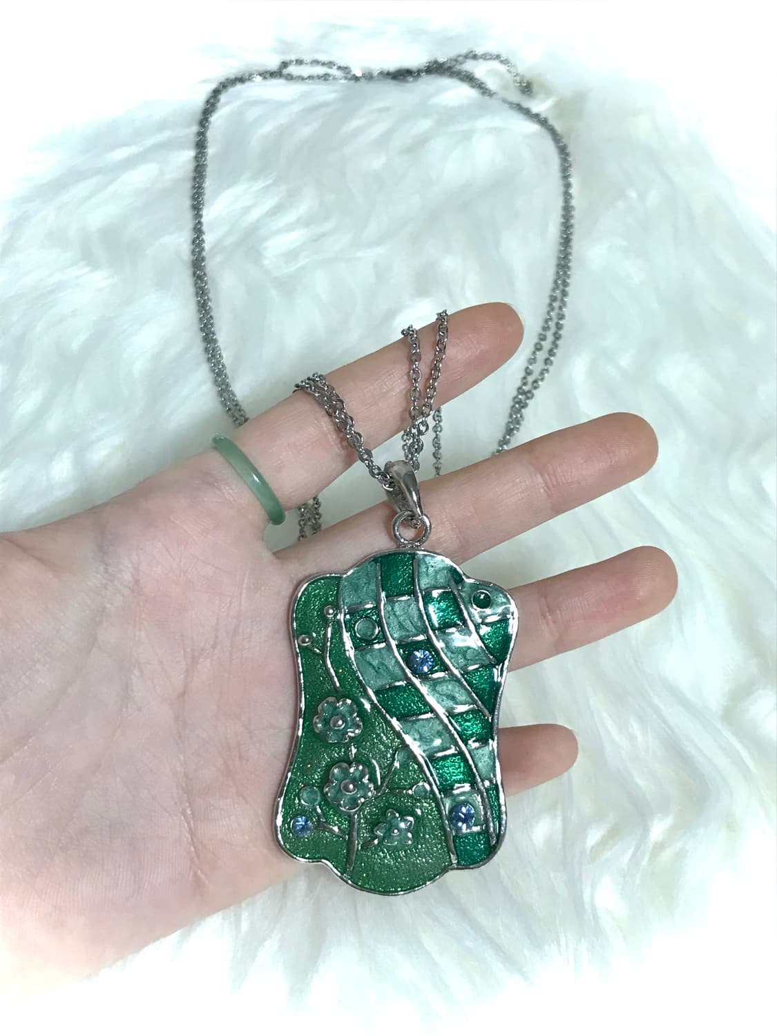 빈티지 모리걸 그린 롱 드롭 두줄 써지컬스틸 체인 목걸이 상품이미지1