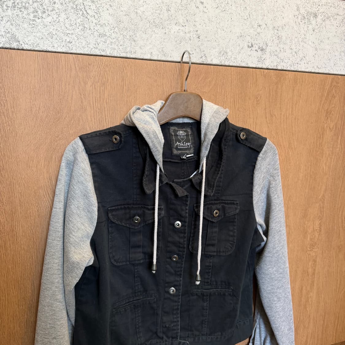 빈티지 코튼 자켓 그레이 스웨트 후드 레이어드 배색 디테일 블랙 상품이미지3