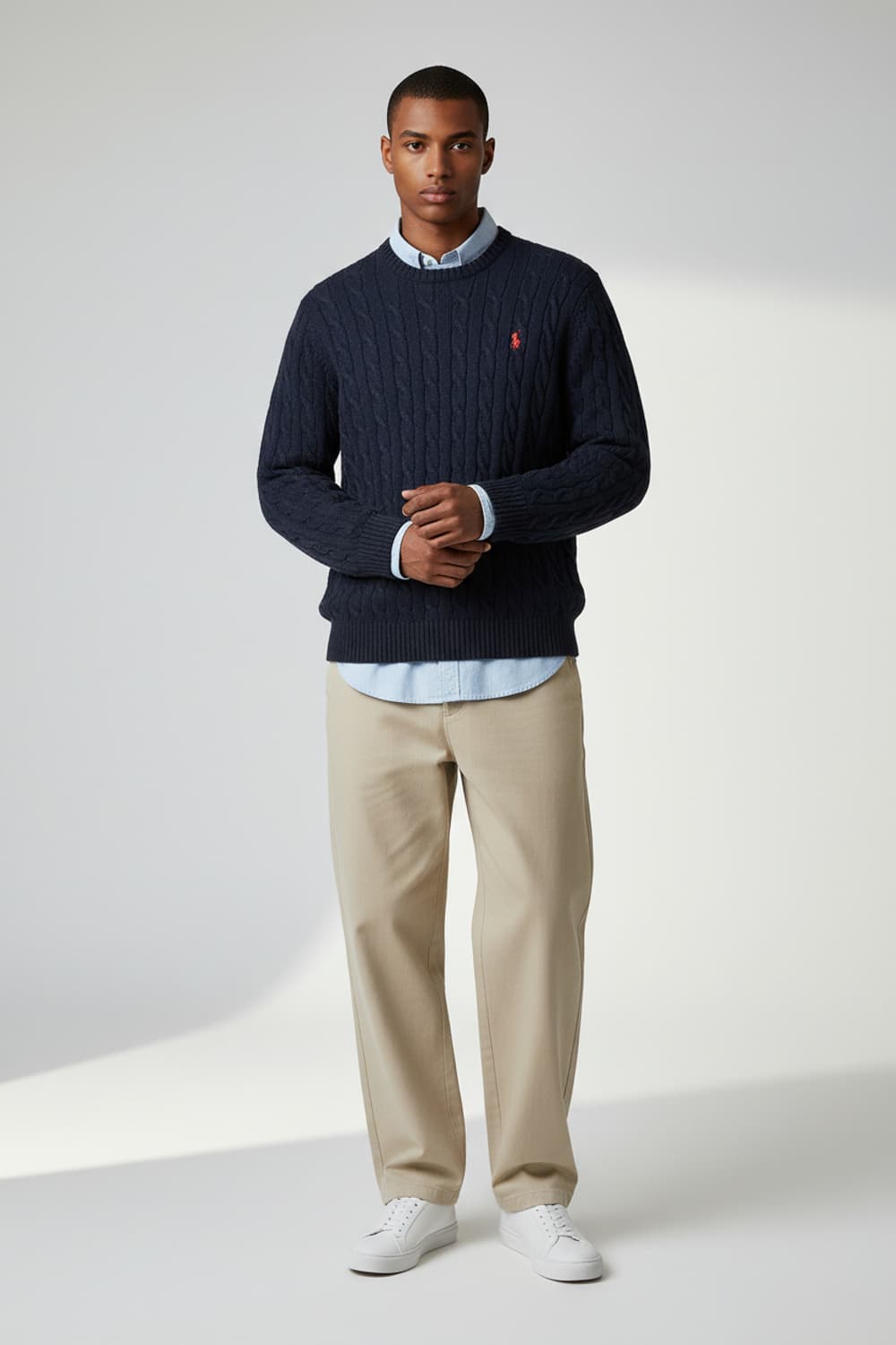 [L] 폴로 네이비 코튼 케이블 스웨터 니트 상품이미지3