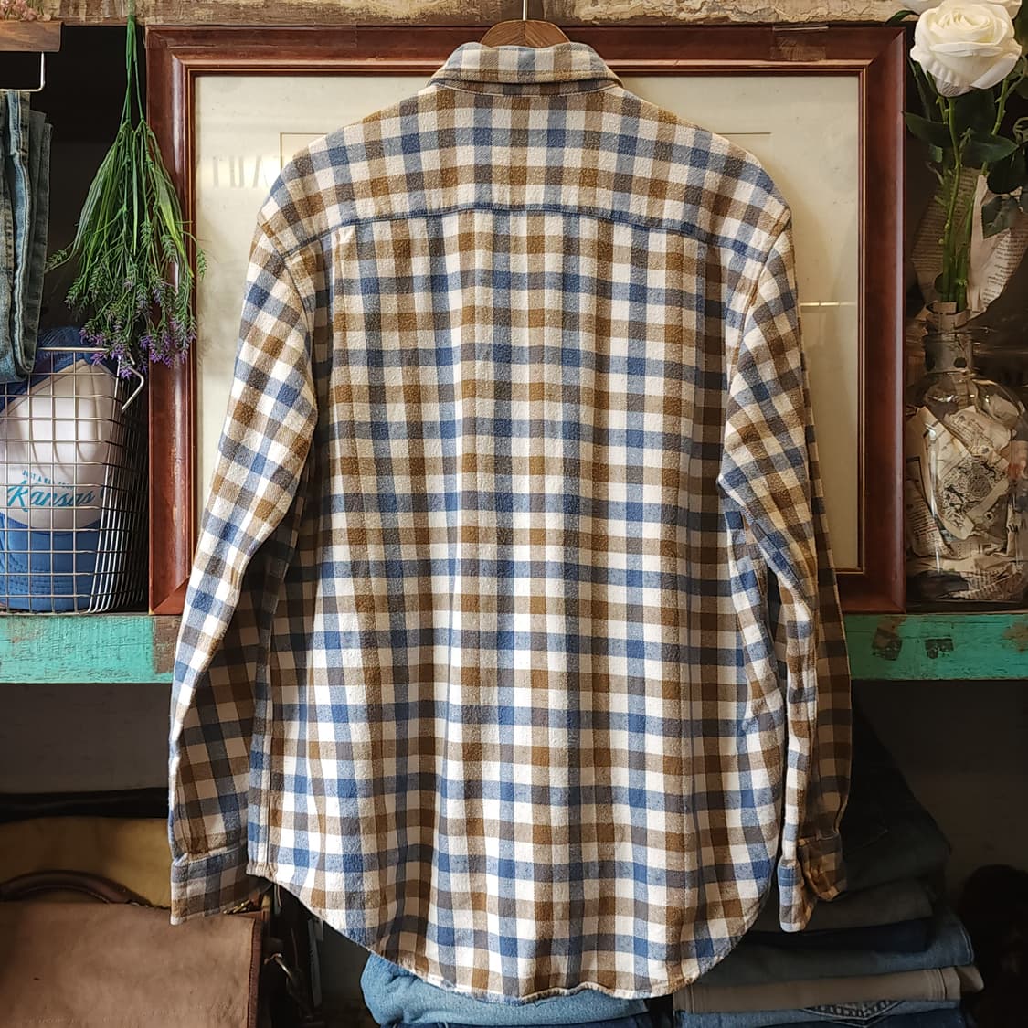 90s 아메리칸 빈티지 체크셔츠 헤비 플란넬 워크셔츠 블루 브라운 L 상품이미지2