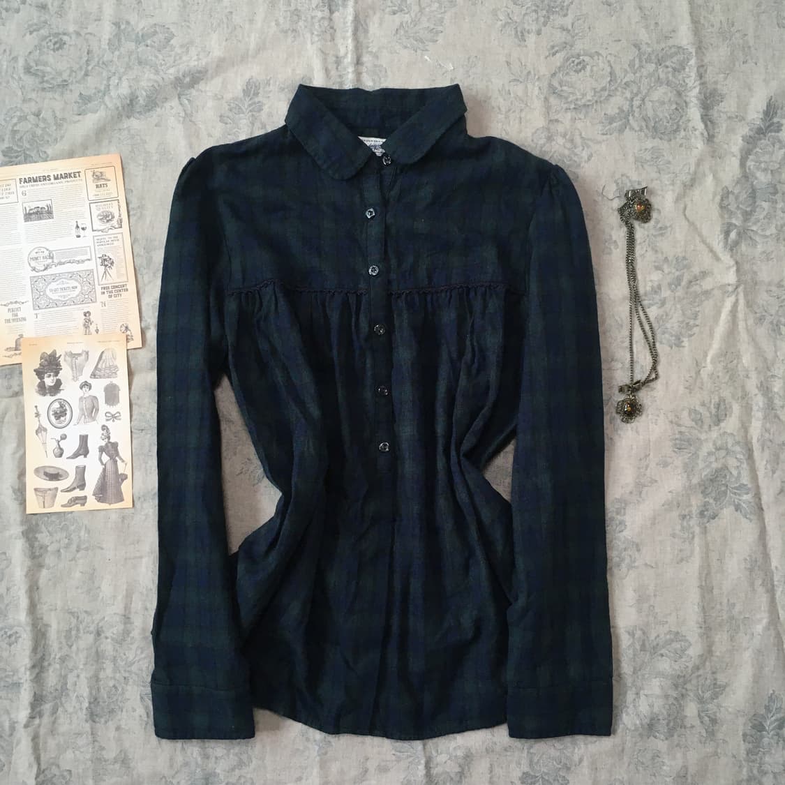 jpn vintage green check babydoll collar  상품이미지1