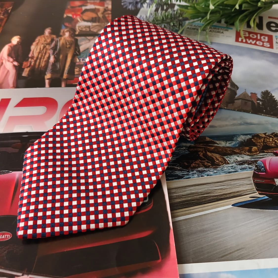 타미 힐피거 실크 레드 체크 넥타이 9.4cm A+등급 A18892
 상품이미지2