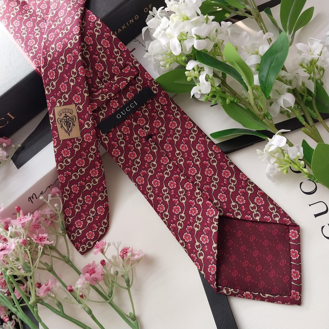 구찌 실크 와인 홀스빗&플라워 패턴 넥타이 8.4cm A+등급 K1823 상품이미지4
