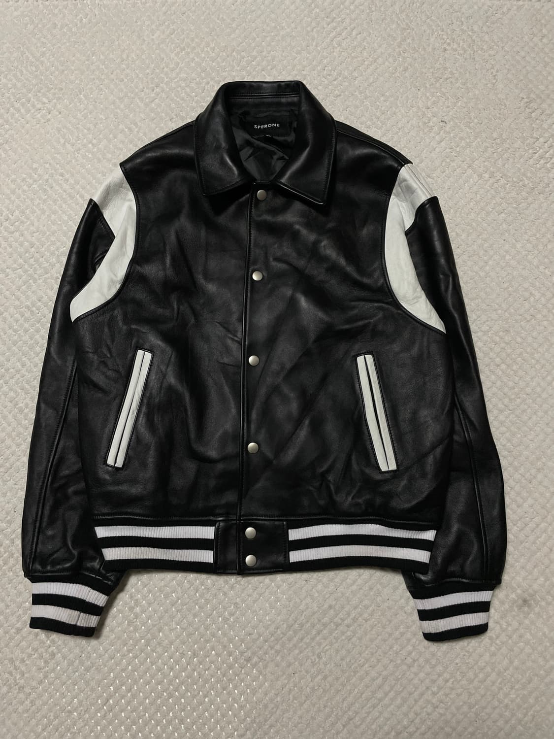 SPERONE 스페로네 램스킨 양가죽 스타디움 숏 레더 바시티 자켓 상품이미지3