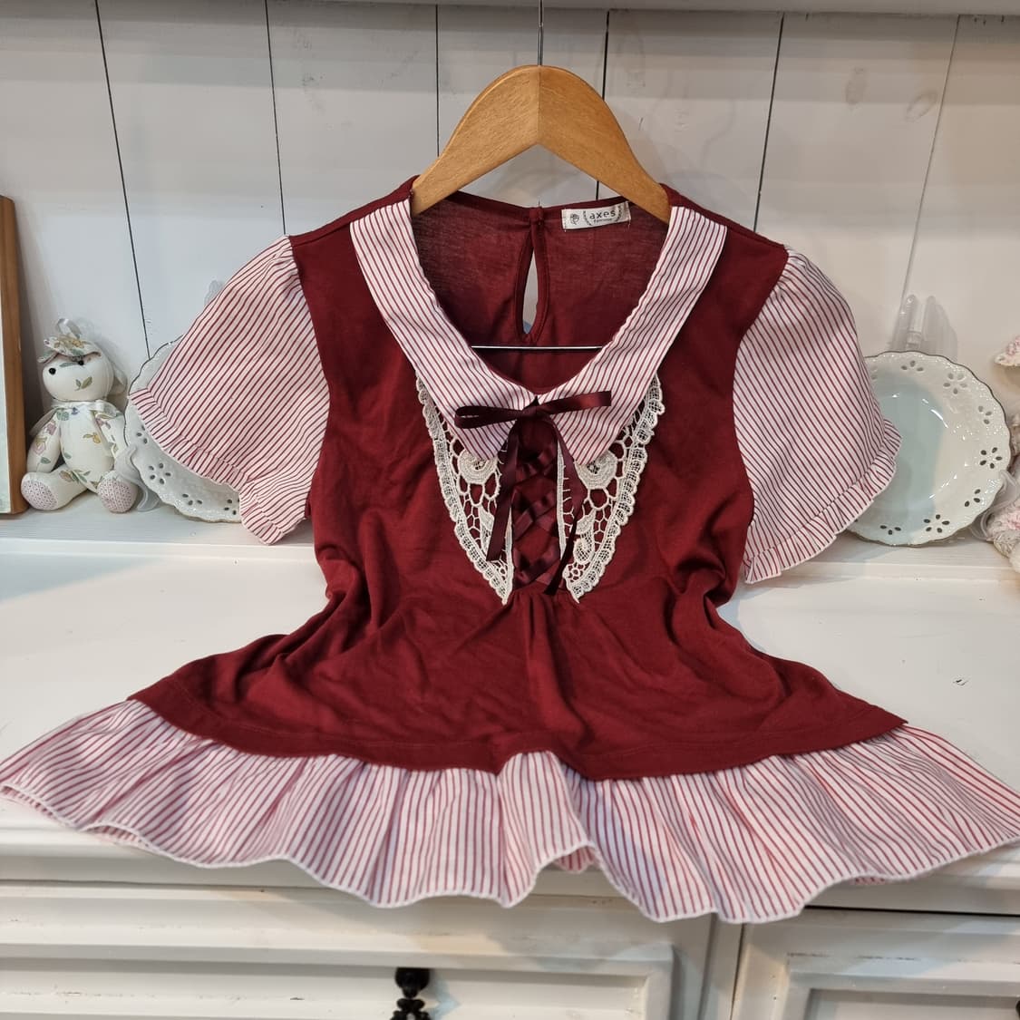 axes femme(악세즈팜므) 와인 스트라이프 리본 블라우스 상품이미지2