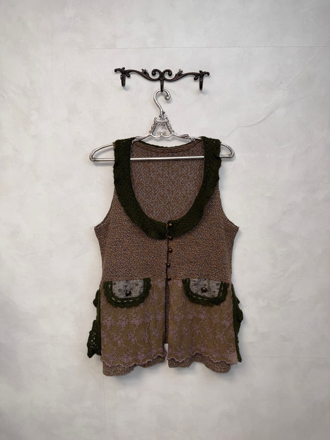 Pink brown bohemian floral knit vest 상품이미지1