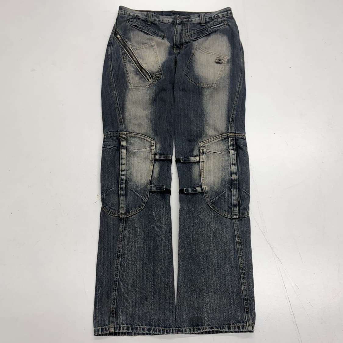 부츠컷 바이커 워싱 빈티지 더블니 새깅 데님팬츠 상품이미지2