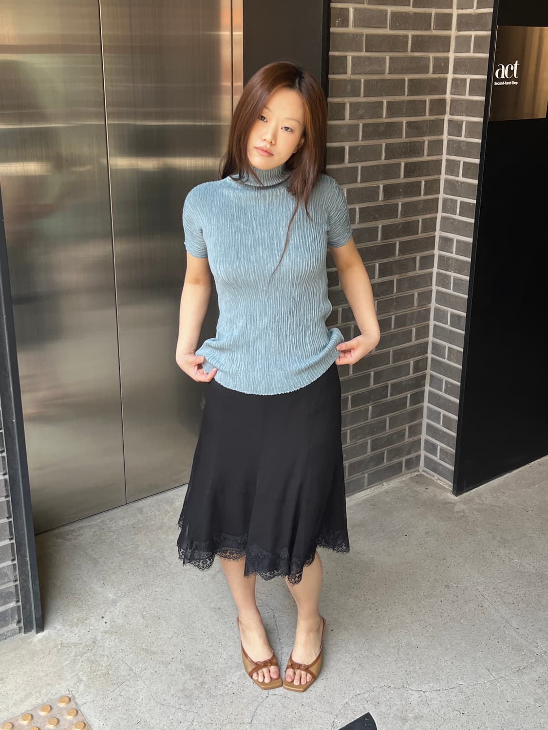 Hiroko bis 히로코비스 플리츠 탑 블루 상품이미지7